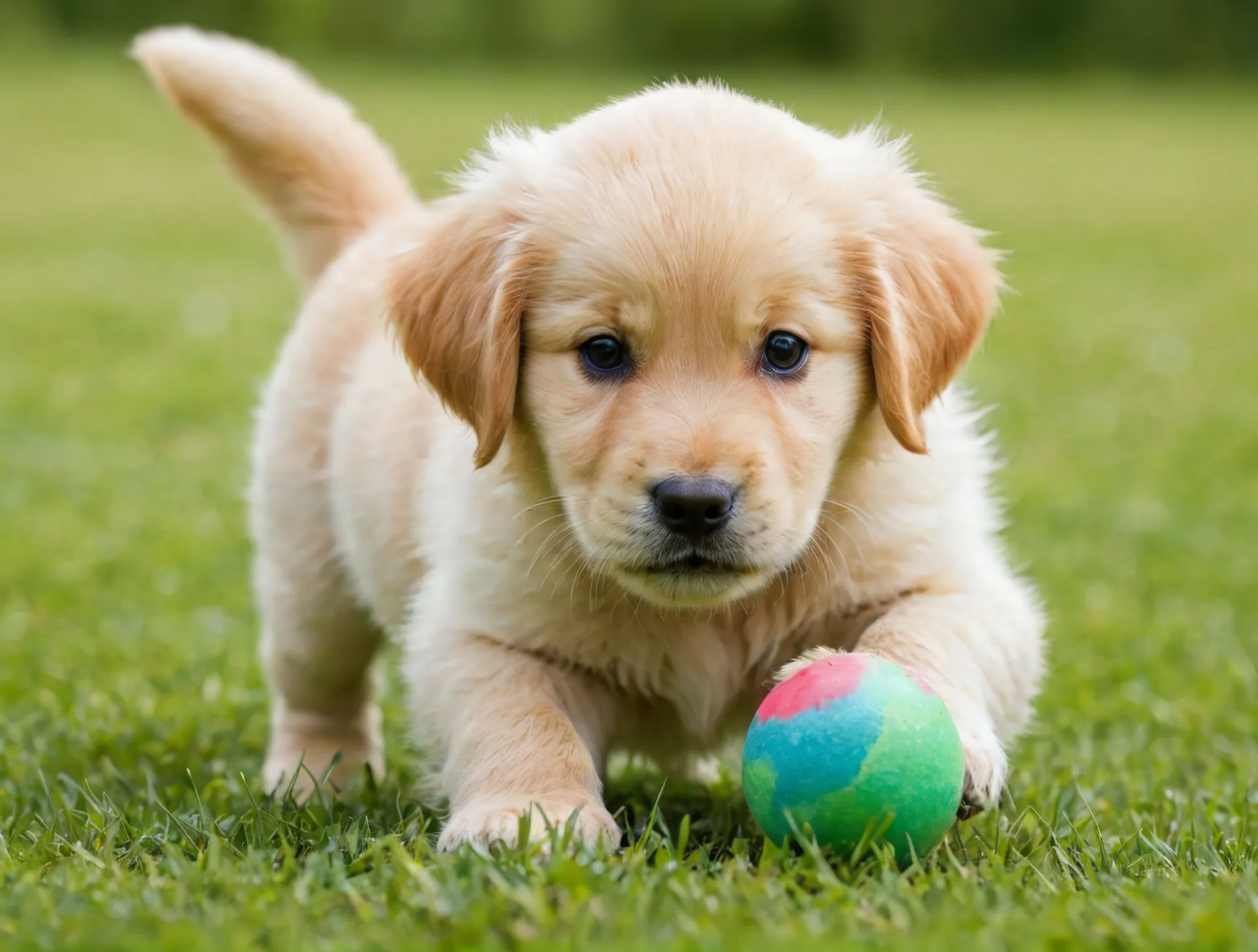 Ljus golden retriever-valp leker med boll på gräsmatta