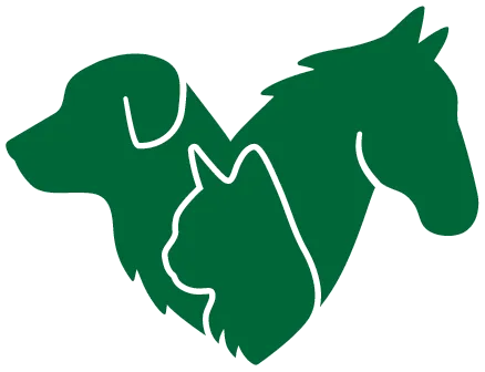 Grön hjärtformad logotyp med siluetter av hund, katt och häst